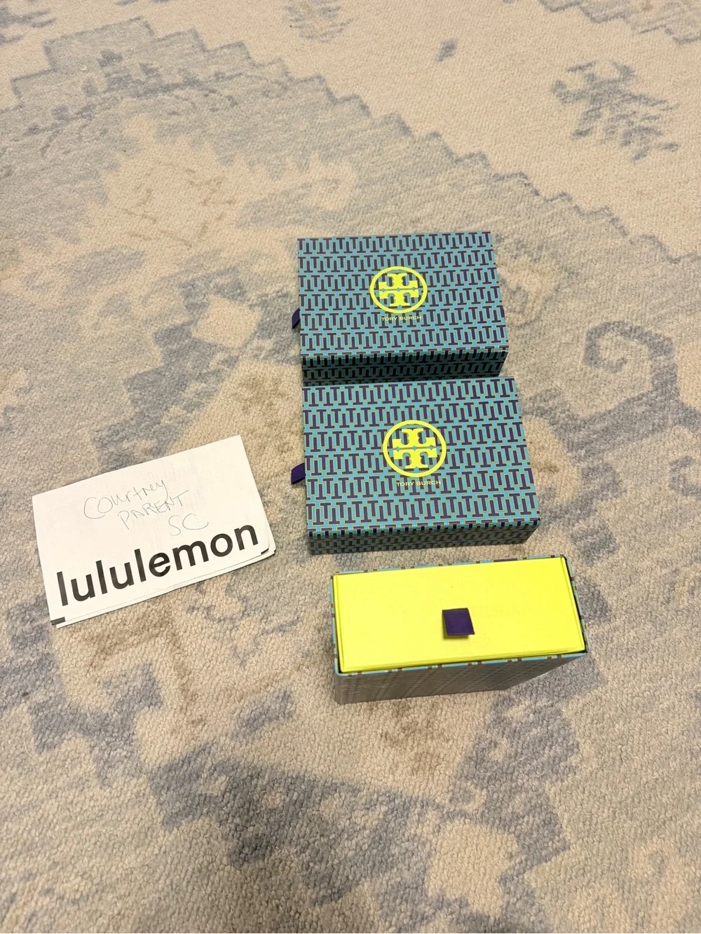 Tory Burch Blue Patterned Small Accessory Boxes with Yellow Logo (Set of 3)